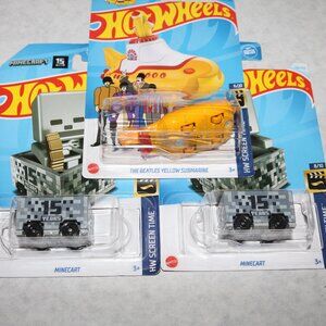 Hot Wheels lot of 3 Screen Time Yellow submarine and two gray minecarts